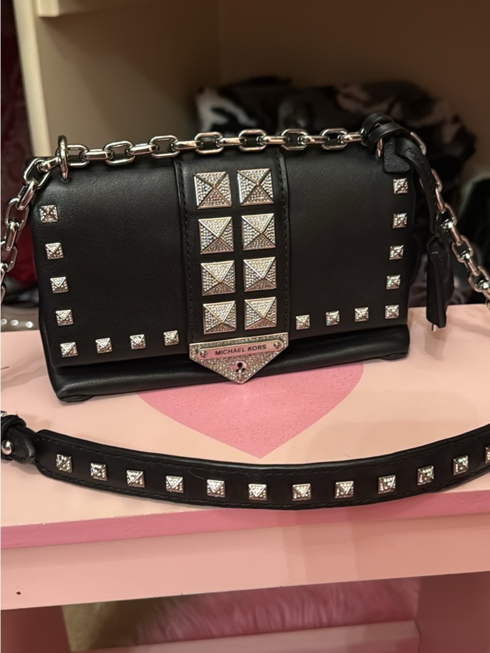 Michael Kors Black Studded Crossbody Bag with Silver Hardware MINI